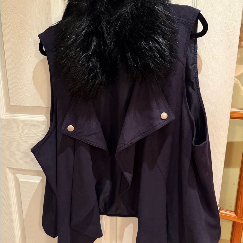 INC Plus Size Navy Blue Asymmetrical Vest with Notched Fur Collar